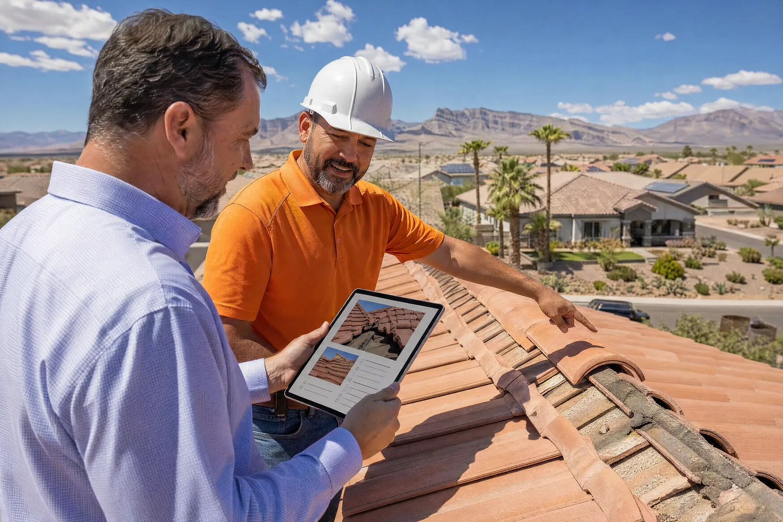 Roofer in an orange polo and an insurance adjuster reviewing storm damage photos on a clipboard on a Las Vegas roof
