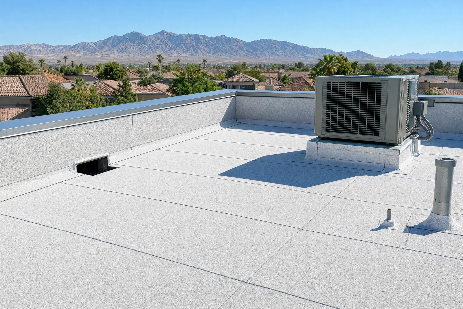 Low-slope roof section on a Las Vegas home with new white modified-bitumen rolled roofing, parapet and scupper