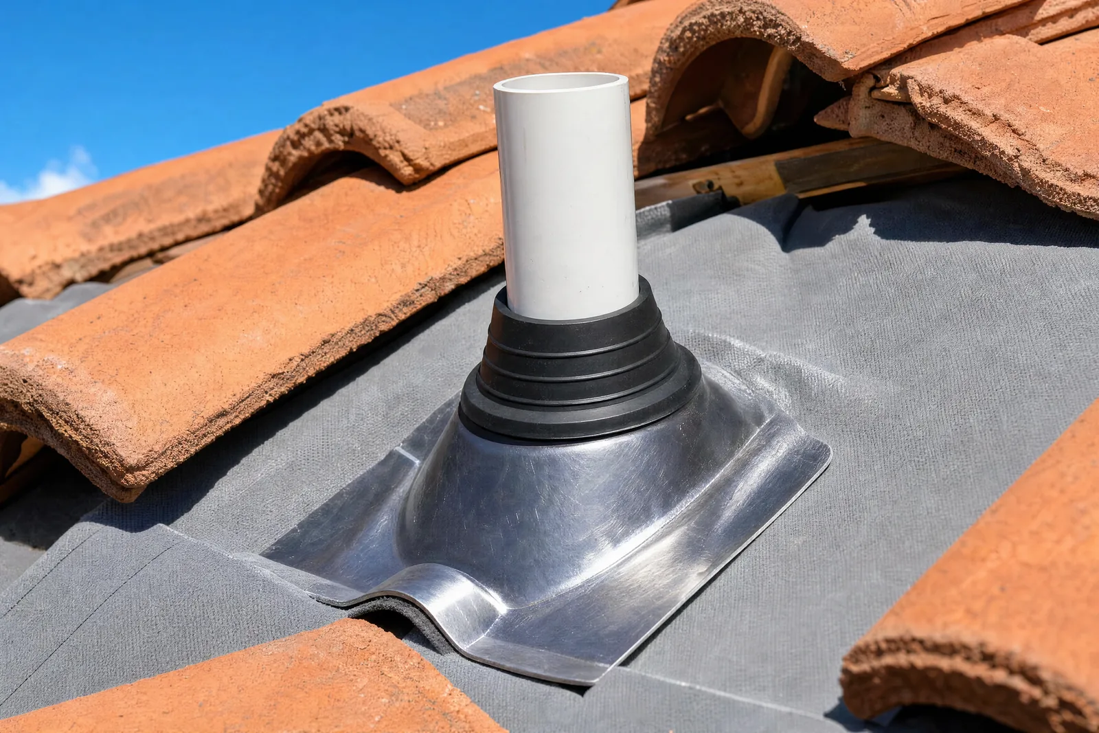 Cracked, sun-brittle pipe boot on a plumbing vent through a concrete tile roof