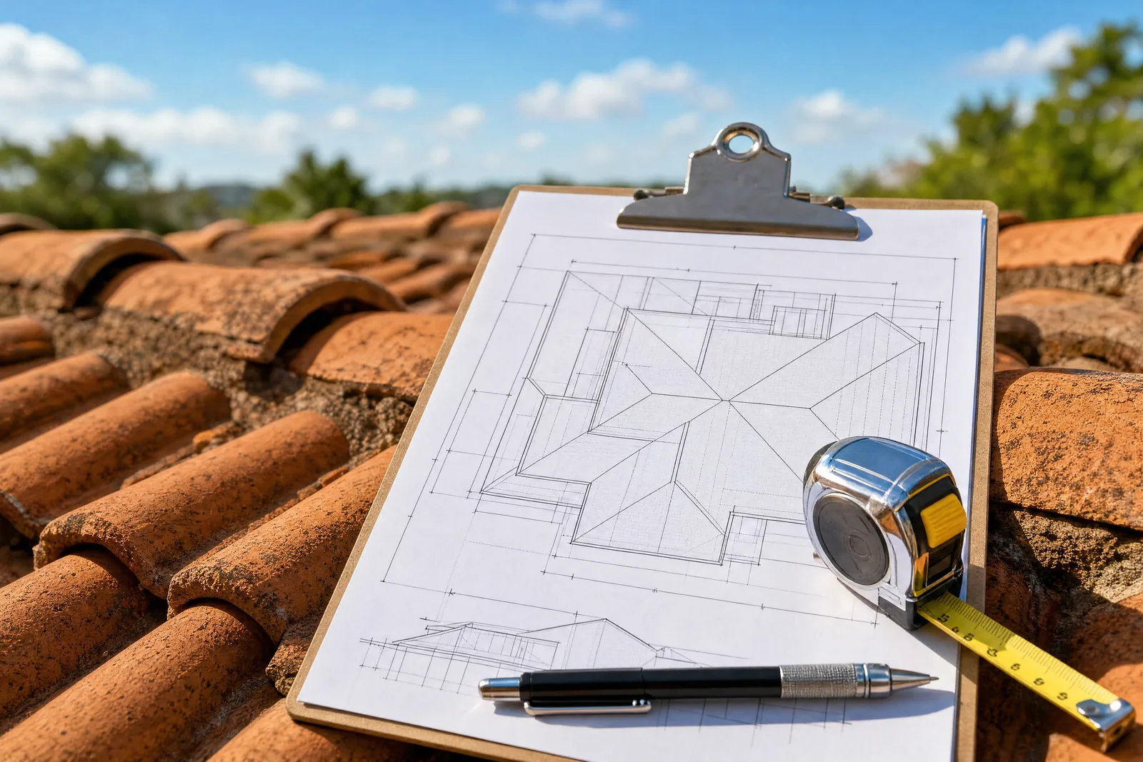 Roofer holding a clipboard with a hand-drawn roof plan and tape measure on a tile roof