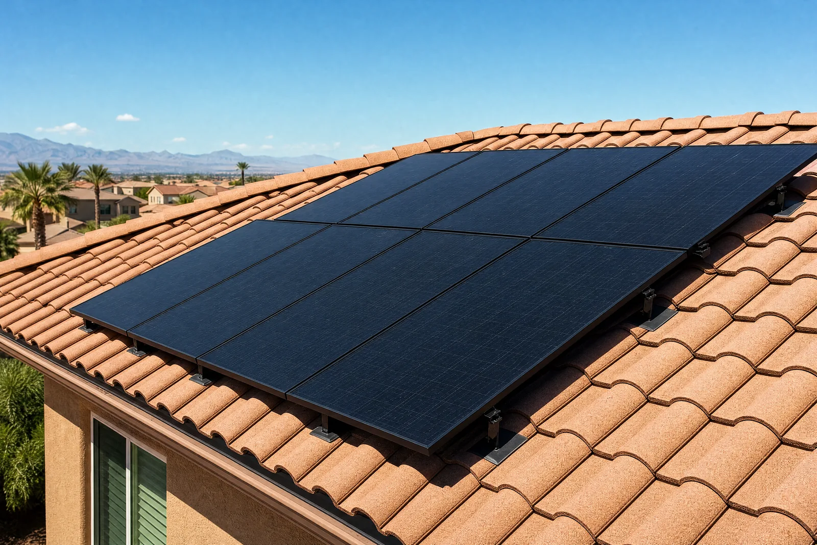 Black solar panels mounted on a concrete tile roof of a Las Vegas home at golden hour